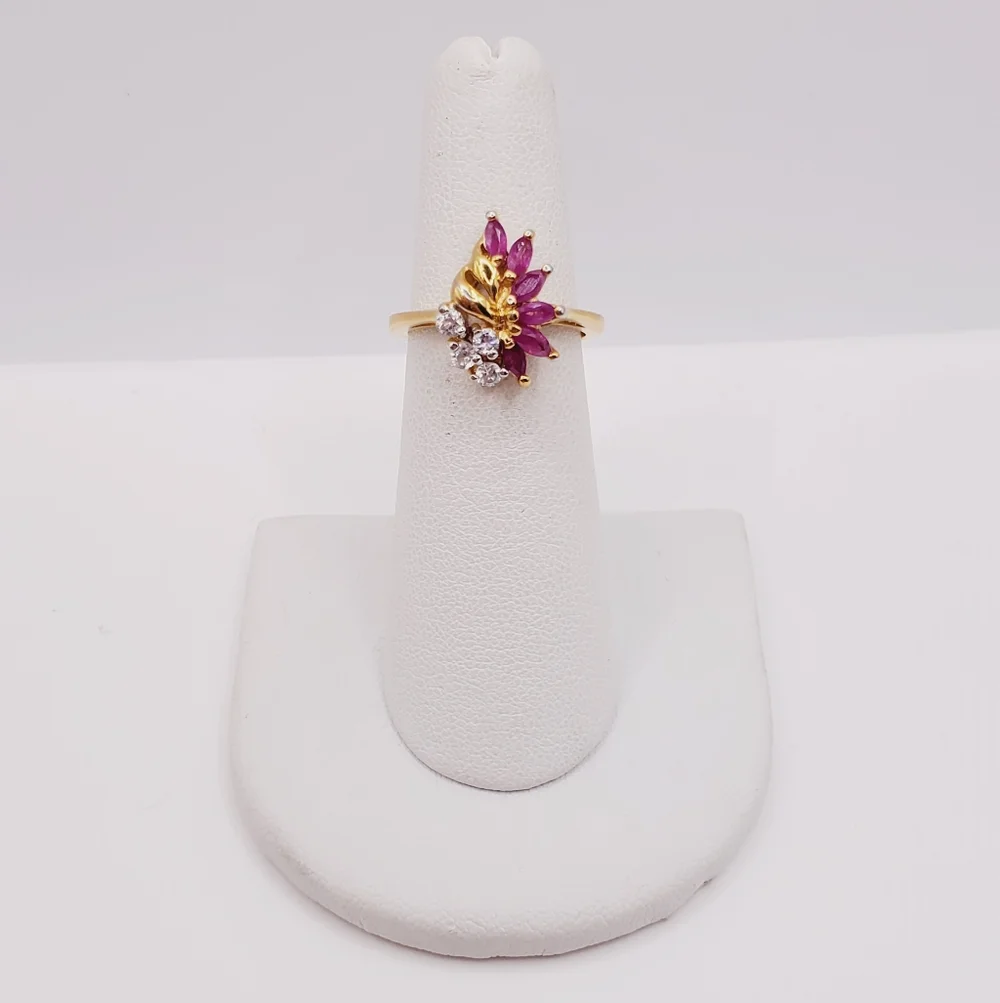 Genuine Marquise Pink Ruby - Simulated Diamonds - 18k Yellow Gold Plated Ring